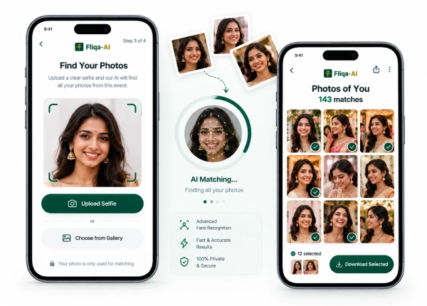 Guests using AI face search to find event photos
