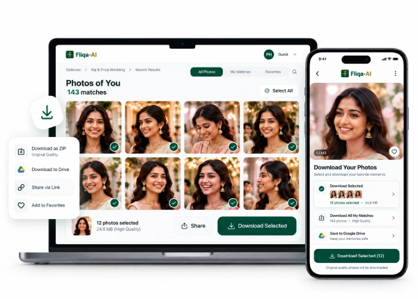 Guests viewing matched photos and downloading high-resolution memories